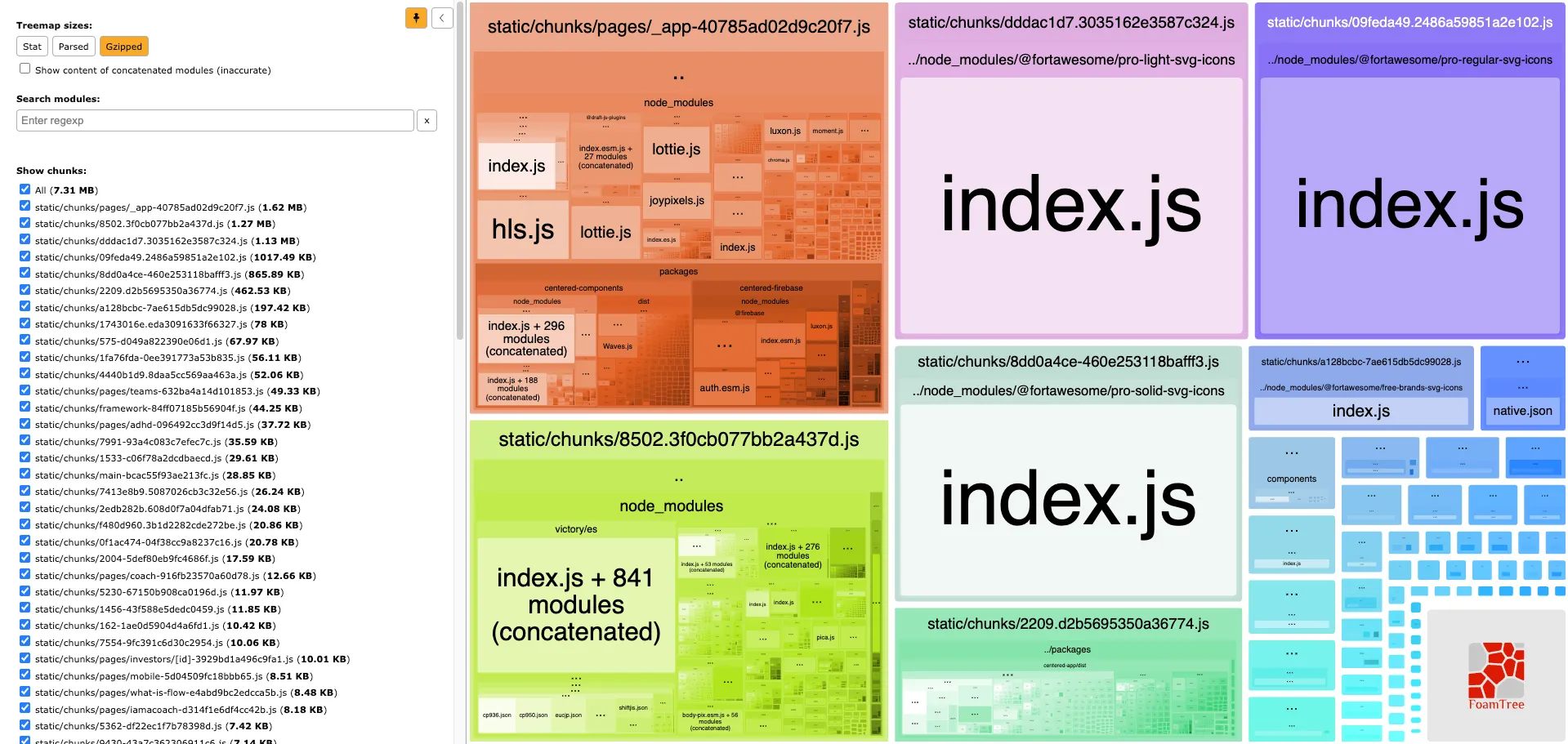 Webpack Bundle Analyzer gzipped output FoamTree visualization. Total chunk size is 7.31 MB, and the biggest chunk is pages/_app at 1.62 MB. All three node_modules/@fortawesome modules have been moved to separate chunks.